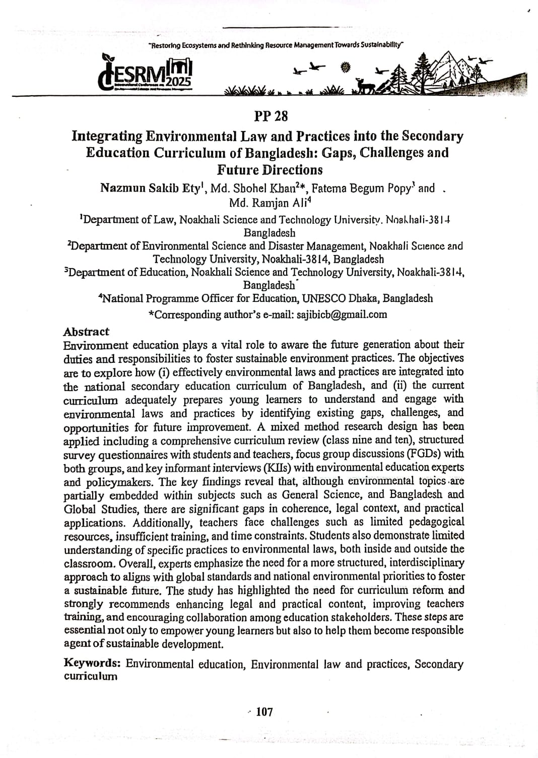 Integrating Environmental Law and Practices into the Secondary Education Curriculum of Bangladesh: Gaps, Challenges and Future Directions